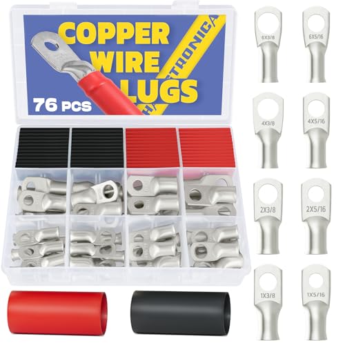 haisstronica 76PCS Tinned Copper Wire Lugs Kit,Heavy Duty Battery Cable Lugs AWG 6 4 2 1,Battery Terminals Connectors with 3:1 Heat Shrink Tube