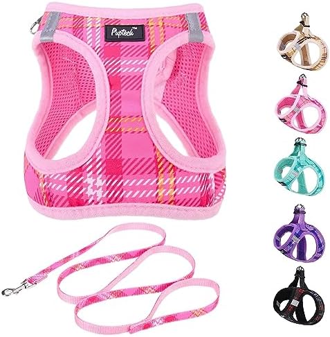 PUPTECK Dog Harness and Leash Set for Small Medium Dogs No Pull Step-in Soft Mesh Puppy Cat Vest Harnesses Reflective at Night, Plaid Pattern Pink L