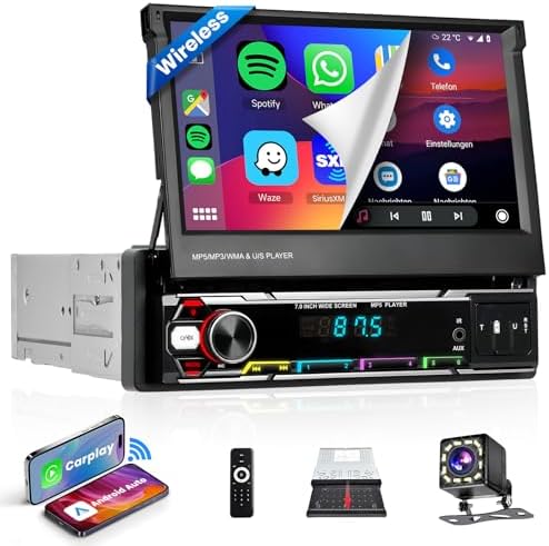 2024 Upgrade Wireless Carplay Single Din Radio with Wireless Android Auto, Podofo 7 inch Manual Foldable Touchscreen Car Stereo with BT5.1 Mirror Link, AM/FM Radio, 2 USB/TF/AUX Port+Backup Camera