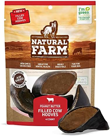 Natural Farm Peanut Butter Flavor Filled Cow Hooves for Dogs (4-Pack), Long-Lasting Natural Beef Bone Treats, Best for Small, Medium & Large Dogs