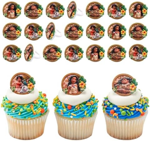 DecoPac Disney Moana 2 Rings, 24 Cupcake Decorations Featuring Disney's Moana, Maui, Simea, & Pua - 24 Pack