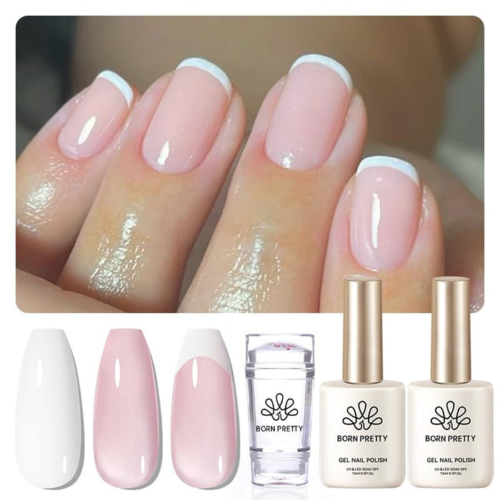 Born Pretty French Manicure Kit,Nail Stamper and 2Pcs Gel Nail Polish,Include Jelly Milky Pink White Colors for French Tip
