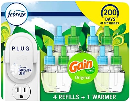 Febreze Plug In Air Freshener, Odor-Fighting Scented Oil Starter Kit, Air Fresheners for Home and Bathroom and Kitchen, Long Lasting for Strong Odors, Gain Original Scent, Warmer + 4 Refill