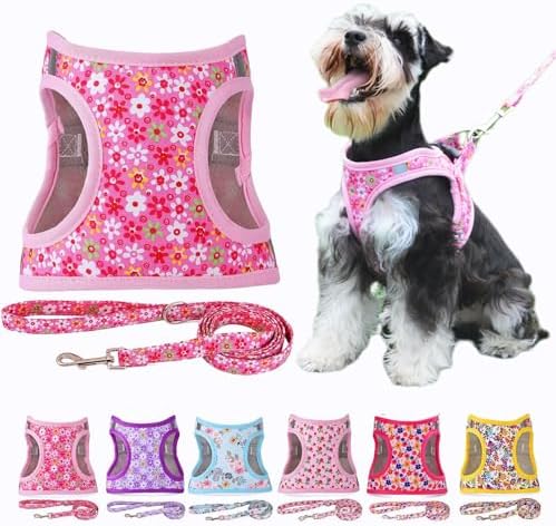 Moonpet Step in Air Dog Harness Leash Set- All Weather Reflective No-Pull Floral Pattern Padded Mesh Vest Harness for Cats Puppy Extra-Small Small Medium Large Dogs - Pink Flower - L