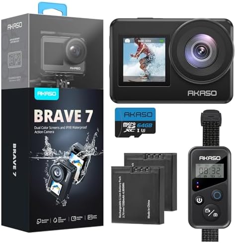 AKASO Brave 7 Action Camera 4K30FPS 20MP with 64GB U3 MicroSDXC Memory Card, Waterproof Camera with Touch Screen IPX8 33FT EIS 2.0 Zoom Support External Mic Voice Control with 2X 1350mAh Batteries