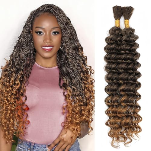 Human Braiding Hair Mix Synthetic Boho Hair for Braiding, 20 Inch Deep Wave Bulk for Boho Braids 2 Pcs Curly Bohemian Wet and Wavy Braiding Hair (4/27#, 18 Inch)