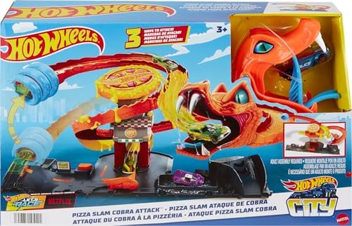 Hot Wheels City Toy Car Track Set, Pizza Slam Cobra Attack Playset, Snake Tail Spiral with Randomizer, 1 Vehicle in 1:64 Scale