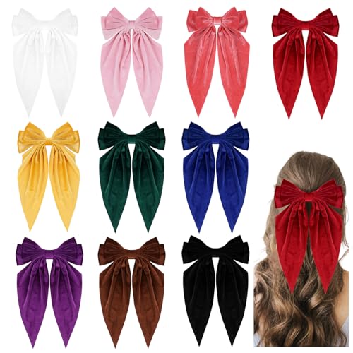 10 PCS Big Hair Bows for Women Girls,Velvet Large Hair Ribbon Bow Barrette Clips for Girls,Hair Bows with Long Tail Vintage French Hair Accessories for Women(velvet)