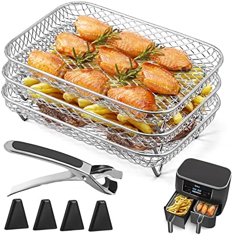 Air Fryer Rack for Ninja Dual Air Fryer Kannino 3pcs Layered Dehydrator Racks Stainless Steel Grilling Rack Rectangle Air Fryer Basket Tray with Clip and Heighten Feet Pad for Double Basket Air Fryers