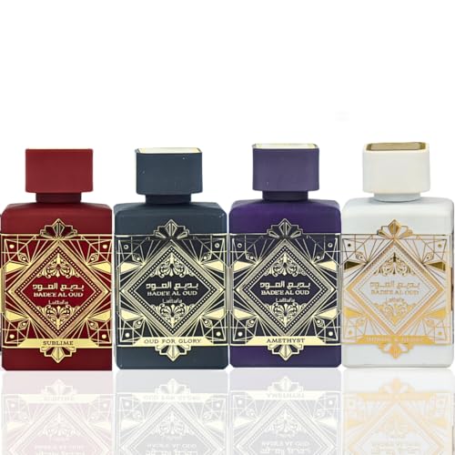Lattafa Perfumes Bade'e Al Oud for Unisex 4 Piece Eau de Parfum Gift Set (Oud for Glory + Sublime + Amethyst + Honor & Glory) 3.4 Ounce/100 ml each