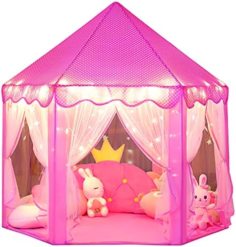 wilwolfer Princess Castle Play Tent for Girls Large Kids Play Tents Hexagon Playhouse with Star Lights Toys for Children Indoor Games (Pink)
