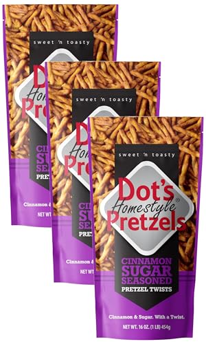 Dot's Pretzels Cinnamon Sugar Seasoned Pretzel Twists, Healthy Kids Snacks, 16oz Grocery Sized Bag (Pack of 3)