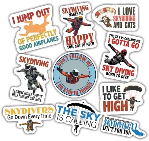 (10pcs) Skydiving Stickers Funny Skydiver Decals Skydiving Skydive Funny Gifts Multiple Different Design, Waterproof, UV- Resistant, Suitable for Tumbler, Laptop, Car, Truck