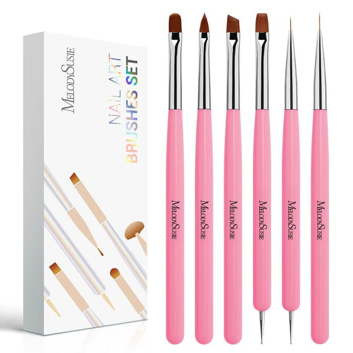 MelodySusie Nail Art Brushes Set,6pcs Nail Art Design Pen Painting Tools with Extension Gel Brush, Polish Brush, Builder Brush,Liner Brush, Carved Brush, and Dotting Pen for Home DIY Salon Use