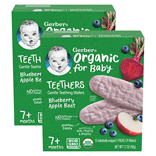 Gerber Organic for Baby Teethers, Blueberry Apple Beet, Gentle Teething Wafers, Non-GMO Ingredients, 12 Individually Wrapped 2-Packs Per Box (Pack of 2 Boxes)