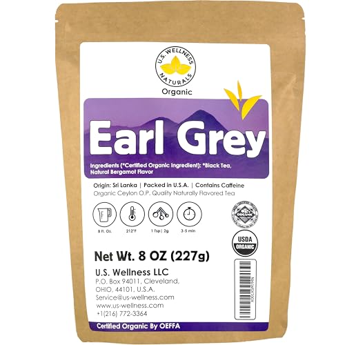 Earl Grey Tea, FLORAL & CITRUSY, Natural Bergamot Flavor Blended with ORGANIC Loose Leaf Tea, 110+ Cups, 8oz, ORGANIC CEYLON, OP Grade Tea, U.S.A Processed & Quality Control
