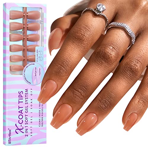 BTArtbox Short Coffin Nail Tips - Soft Gel Nail Tips Strong Adhesion Natural XCOATTIPS with Tip Primer Cover, Fake Nails Press On Nails Short Extensions Kit for Nail Art DIY