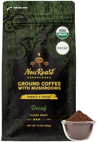 Organic Swiss Decaf Ground Mushroom Coffee by NeuRoast | Low Acid, Smooth Taste | Premium Coffee with 5 Mushroom Blend - Boosts Energy, Focus, & Immune Support - Nootropic Blend for Cognitive Support