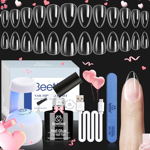 Beetles Gel X Nail Kit, Short Almond Nail Tips Easy Extension Set 240 Pcs Pre Shaped Clear Full Cover Fake Nails Tips with 5 In 1 Nail Glue Uv Led Lamp DIY Manicure Valentine's Day Gifts for Women