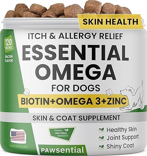 Omega 3 for Dogs - for Dry Itchy Skin - Fish Oil Chews - Skin & Coat Supplement - Itch Relief, Allergy, Anti Shedding, Hot Spots Treatment - w/EPA & DHA - Vitamins - Made in USA-120 Treats