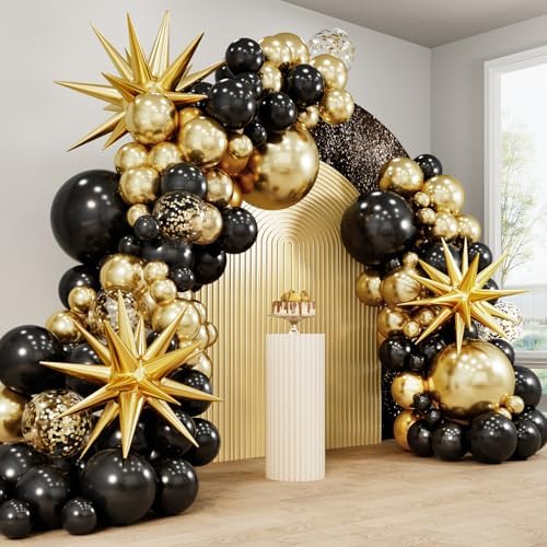 RUBFAC 140pcs Black and Gold Balloons, Balloons Arch Kit 5 10 12 18 Inch Black Metallic Gold Confetti Latex Balloons for Graduation Birthday Baby Shower Wedding Anniversary Party Decorations