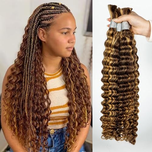 Human Braiding Hair For Boho Knotless Braids 100g Deep Wave Bulk Human Hair for Braiding No Weft Wet And Wavy Human Braiding Hair 100% Remy Human Hair Extensions (Deep Wave-4/27, 28 Inch)