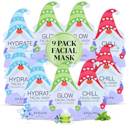 SpaLife 9-Pack Facial Masks for Skin Rejuvenation, Hydration, and Moisturizing - Beauty Face Mask Set for Women
