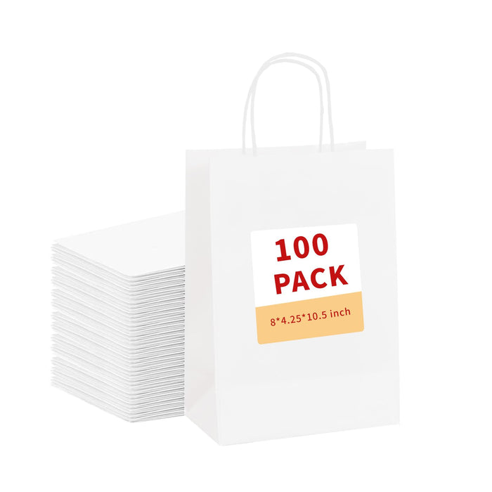 vanhel 100 Pcs White Gift Bags with Handles 8x4.25x10.5 Paper Bags with Handles Bulk, Paper Shopping Bags, Retail, Wedding, Party Favors bags - Grocery Bags Sacks Recyclable