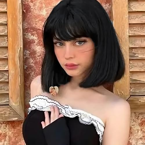 Black Bob Wig With Bangs Short Black Wig for Women 12 Inch Straight Bob wig with Bangs Synthetic Colorful Cosplay Daily Party Use（Nutural Black,12IN）