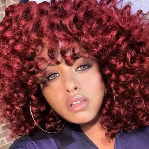 AIDUSA Short Loose Curly Wigs Red Curly Wig Afro Synthetic Wig Natural Half Short Wigs for Black Women Fluffy Red Wig Weave Curly Wigs with Bangs Curly Hair Wig for Women (Red)