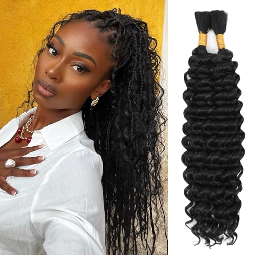 Human Braiding Hair Mix Synthetic Boho Hair for Braiding, 20 Inch Deep Wave Bulk for Boho Braids 2 Pcs Curly Bohemian Wet and Wavy Braiding Hair (1B, 20 Inch)
