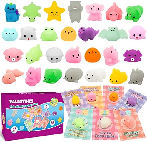 28 Pack Valentines Day Gifts for Kids, Mochi Squishies Party Favor Set with Valentines Greeting Cards for Kids, Valentine's Day School Prize Party Favor, Classroom Exchange Gift Set
