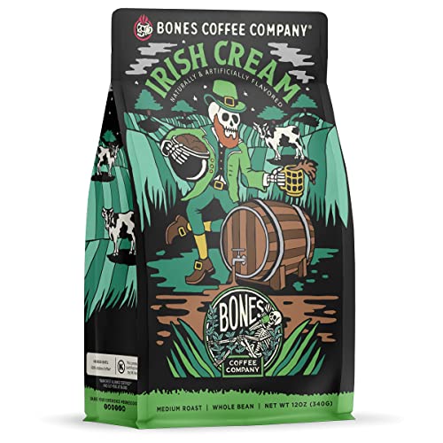 Bones Coffee Company Irish Cream Flavored Coffee Beans, Whole Bean Coffee Medium Roast Low Acid, Nutty Flavor (12 oz)
