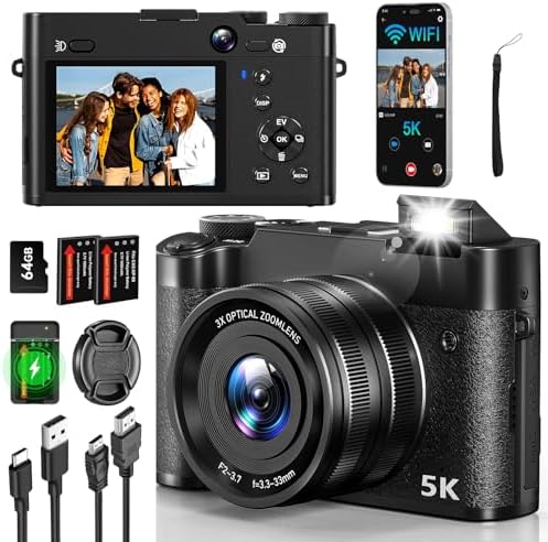 5K 64MP Digital Camera 3X Optical Zoom, WiFi Cameras for Photography & Video, Autofocus Travel Vlogging Camera for YouTube, 64GB Card, 2 Batteries