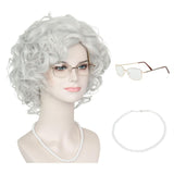 Koonfan Old Lady Wig Granny Grandma Costume 100 Days of School Party Wig Halloween Cosplay Short Silver Wigs