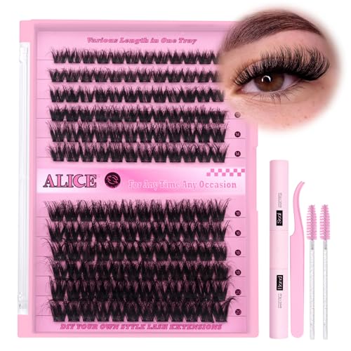ALICE Lash Extension Kit Fluffy Volume Cluster Lashes Wispy 8-20MM D Curl Individual Lashes Eyelash Clusters Kit Lash Glue Bond and Seal Tweezers Diy Eyelash Extension Kit Self Application at Home