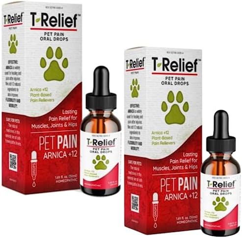 T-Relief Pet Pain Oral Drops Arnica +12 Powerful Natural Medicines for Muscle Joint & Hip Pain Soreness Stiffness Injuries in Dogs & Cats - Fast-Acting Soother - 1.69 oz (2 Pack)