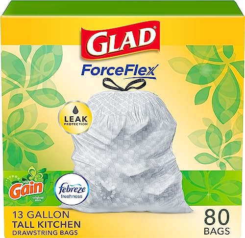 Glad Trash Bags, ForceFlex Tall Kitchen Drawstring Garbage Bags,13 Gal, Gain Original with Febreze, 80 Ct