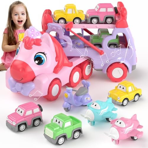 newcrave Toys for 1 2 3 Year Old Girl, 7-in-1 Unicorn Carrier Truck Toy for Girls, Toy Cars with Light & Music, Toddler Girl Toys Age 1-3 2-4, 1 2 3 Year Old Girl Birthday Gifts Christmas Easter