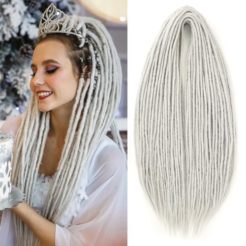 Leeven Light Grey Double Ended Dreadlock Extensions 24 Inch 0.6 cm Width Thin Synthetic DE Dreads Crochet Hippie Wool Dreads 10 Strands Handmade Soft Loc Extensions for Women Men