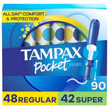 Tampax Pocket Pearl Compact Tampons Duo Pack, Regular/Super Absorbency with BPA-Free Plastic Applicator and LeakGuard Braid, Unscented, 90 Count Total (3 Packs of 30)