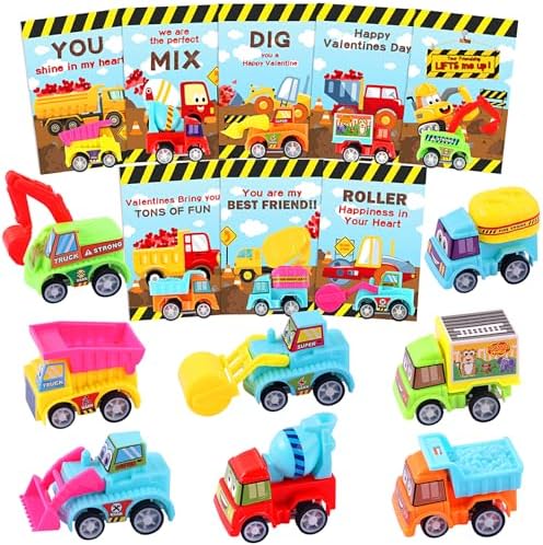 Valentines Day Gifts for Kids, 32 Pack Trucks Valentines Day Cards for Kids with Construction Vehicles Toys, Pull Back Cars Sets Valentines Day Exchange Cards for Boys Classroom School Party Favors
