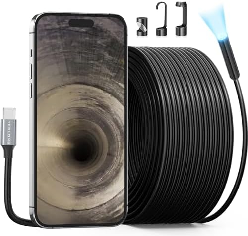 50FT Sewer Inspection Camera, Teslong USB C Drain Plumbing Snake Borescope Endoscope Camera with 8 LEDs, 50 ft Flexible Waterproof Fiber Optic Scope Cam Compatible with iPhone 15/16, Android Phone