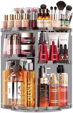Rotating Makeup Organizer, DIY 9 Adjustable Layers Spinning Skincare Organizer, Cosmetic Organizer with Brush Holder Perfume Tray, Multi-Function Storage Carousel for Vanity Bathroom Countertop