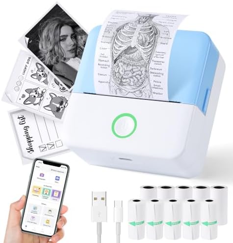 Print Pods Mini Printer, Thermal Inkless Sticker Maker with 10 Rolls Printing Paper, Pocket Printpod for phone, Impresora Portátil for Notes, Flashcards, Journal, DIY, Compatible with iOS & Android