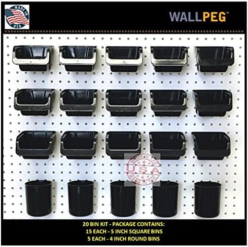 WallPeg MADE IN USA Pegboard Bins - Kit PB-20 - Hooks to Peg Board Panel Organize Hardware Arrange Accessories Workbench Tool Organizer Garage Storage