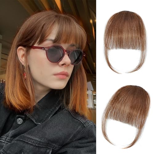 Clip in Bangs 100% Real Human Hair Wispy Bangs Brown Bangs Hair Clip Air Bangs Fake Bangs with Fringe Clip on Bangs Curved Bangs Hairpieces for Women Daily Wear