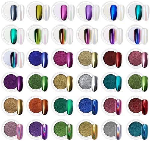 Artdone 36 Jars Chrome Nail Powder Magic White Pearl Kit Mirror Effect Silver Metallic Holographic Dip Nail Powder For Resin Craft & Nail Art Decoration Iridescent Aurora Mermaid Pigment