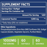 Taurine 1000mg - Liposomal Taurine Amino Acid Supplement for Heart, Liver, and Brain, Longevity, Exercise - High Absorption, Vegan & Gluten Free (60 Softgels - 1 Pack)