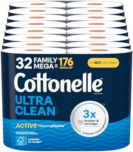 Cottonelle Ultra Clean Toilet Paper with Active CleaningRipples Texture, Strong Bath Tissue, 32 Family Mega Rolls (32 Family Mega Rolls = 176 Regular Rolls) (8 Packs of 4), 353 Sheets per Roll